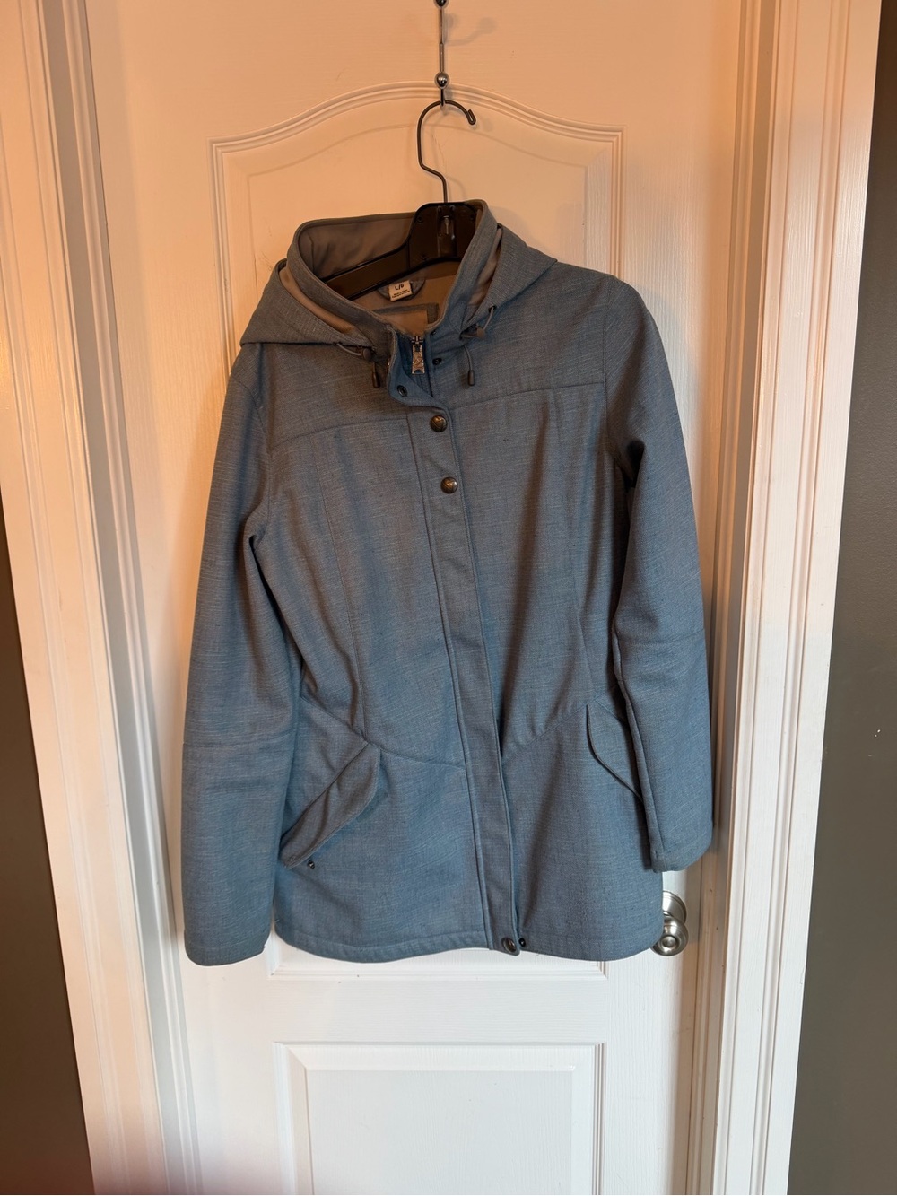 Light Blue Hooded Trench Coat with Snap & Zip Closure